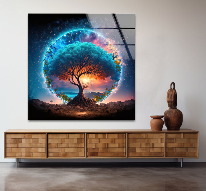 Himmlischer Lebensbaum Wandkunst – Mystisches kosmisches Glas-Wanddekor