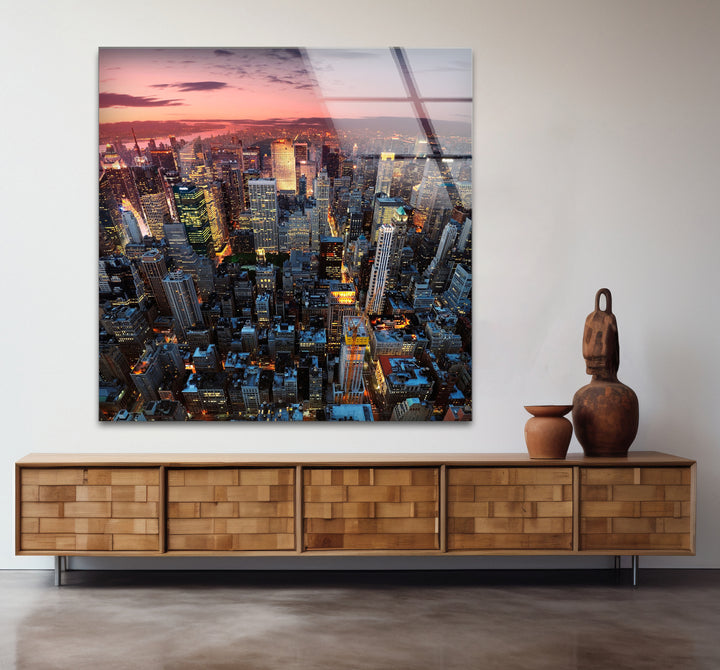 New York City Glaswandkunst – Luftaufnahme bei Sonnenuntergang