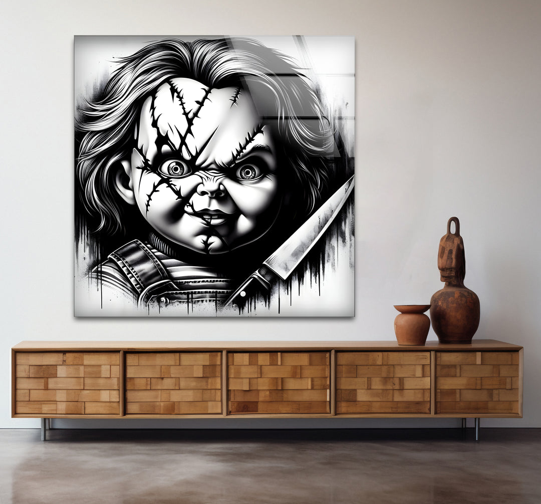 Modern black and white wall decor highlighting Chucky’s sinister expression with intricate details.
