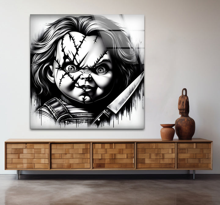 Modern black and white wall decor highlighting Chucky’s sinister expression with intricate details.