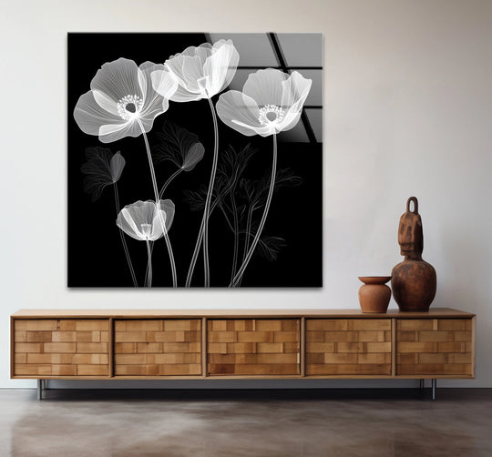 Dramatic color contrast defines this black and white X-ray Poppies glass art, a floral glass art piece that creates a striking visual display.