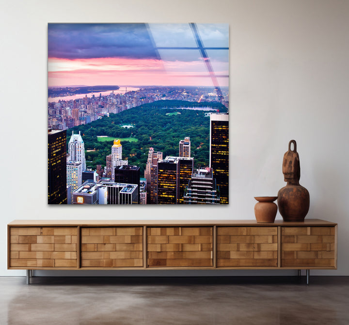 Glaswandkunst New York City – Skyline und Blick auf den Sonnenuntergang im Central Park