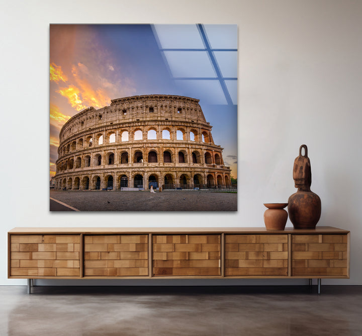 Rome Colosseum Glass Wall Art – Historic Landmark at Sunset