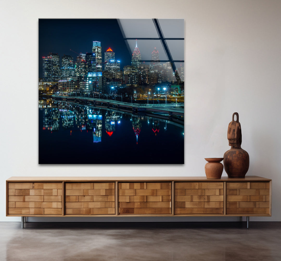 Philadelphia Glaswandkunst – Skyline-Reflexionen bei Nacht