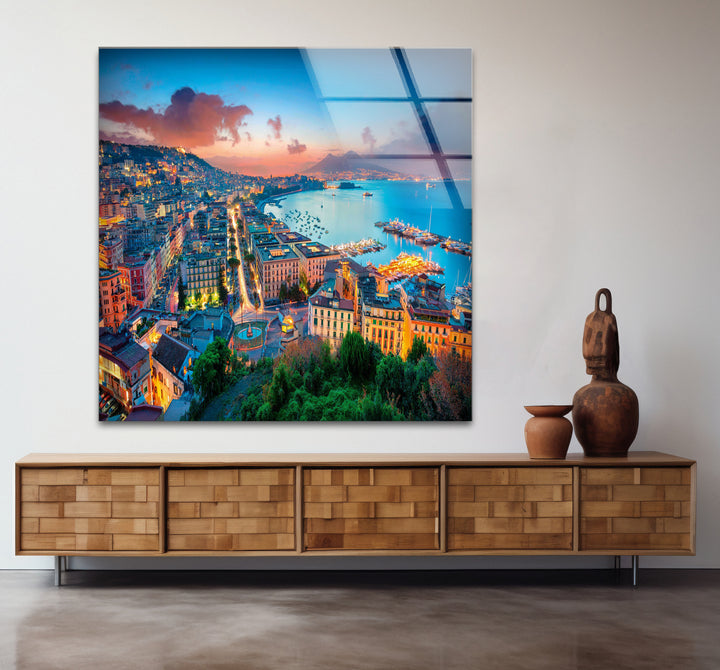 Glaswandkunst mit Skyline von Neapel – Blick auf die Bucht bei Sonnenuntergang und die Stadtlandschaft