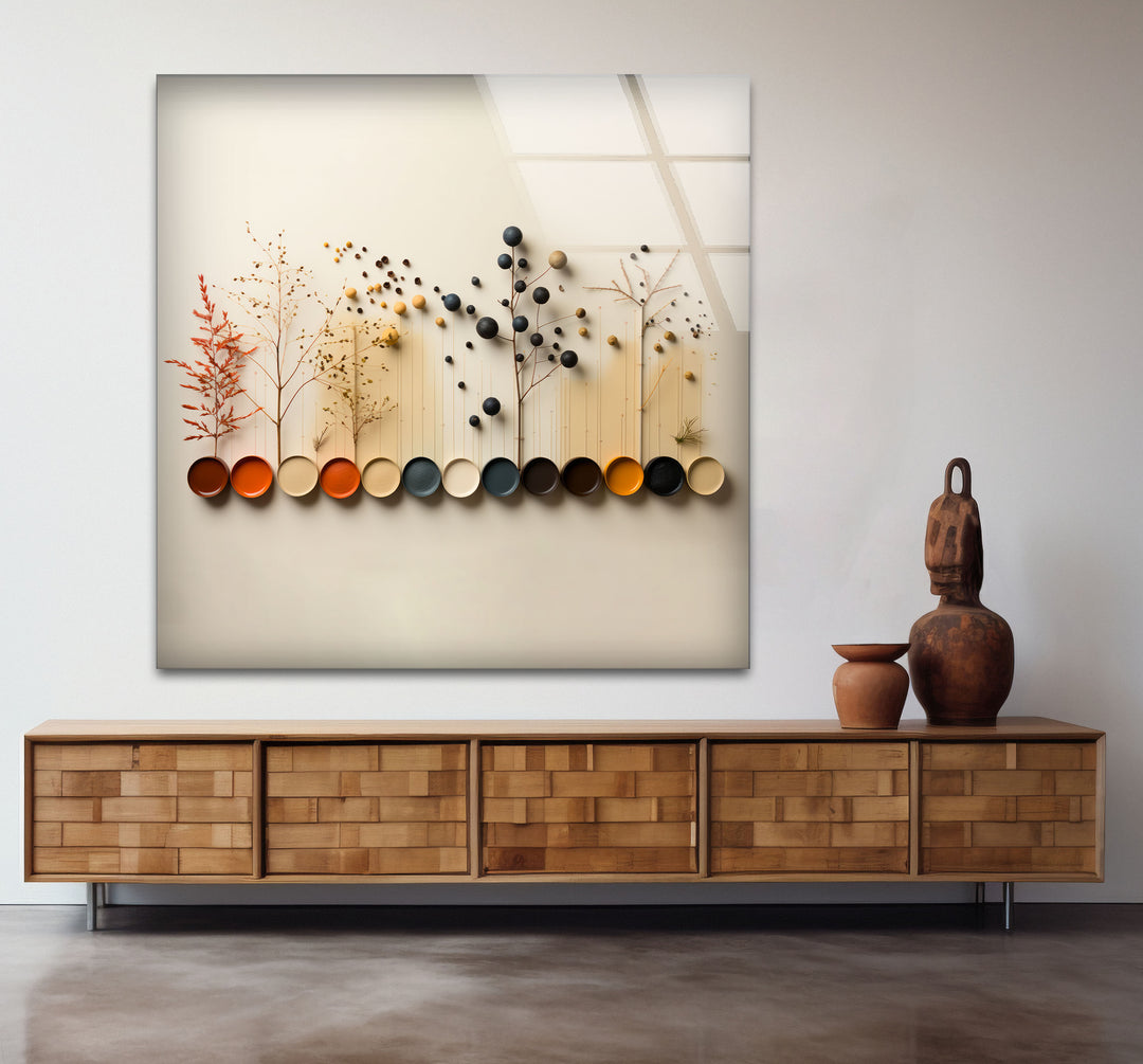 Moderne Naturpalette Wandkunst – Minimalistische Bäume &amp; Farbpunkte Glasdruck