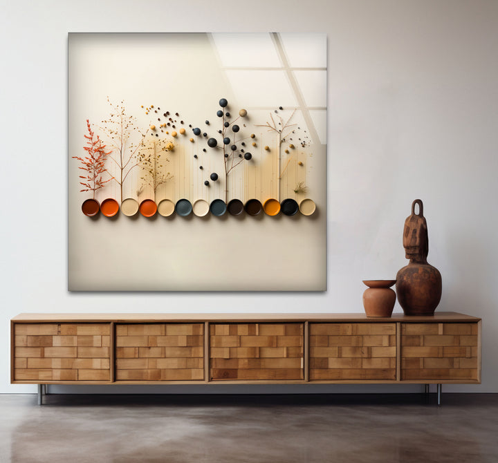 Moderne Naturpalette Wandkunst – Minimalistische Bäume &amp; Farbpunkte Glasdruck