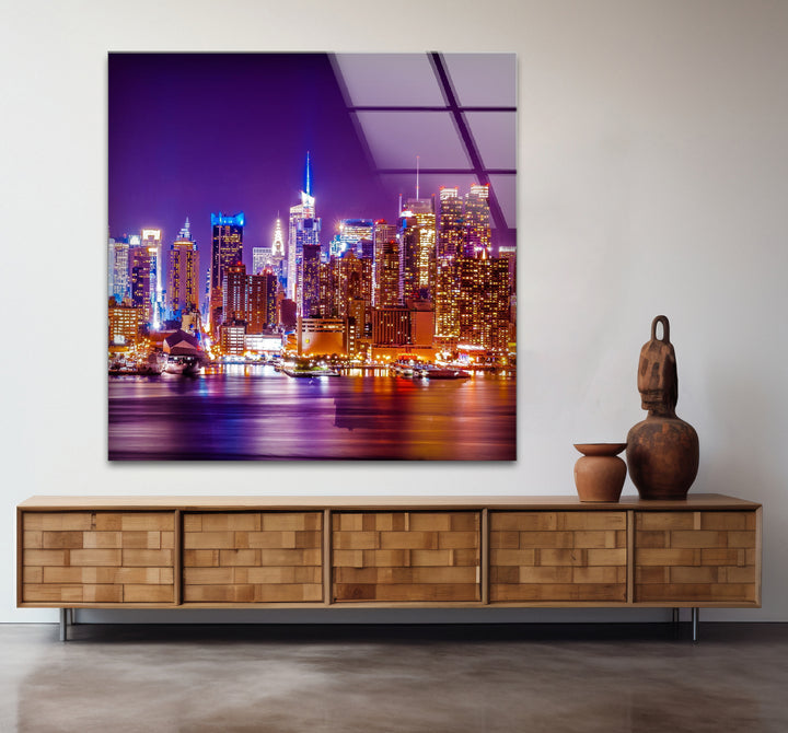 New York City Glaswandkunst – Beleuchtete Skyline bei Nacht