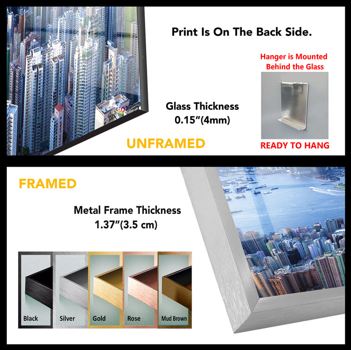 Glaswandkunst mit Skyline von Hongkong – Stadtbild und Hafen aus der Luft