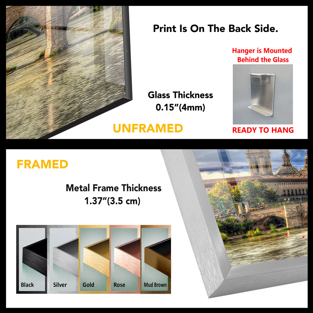 Glaswandkunst mit Skyline von Zaragoza – Basilica del Pilar und Steinbrücke