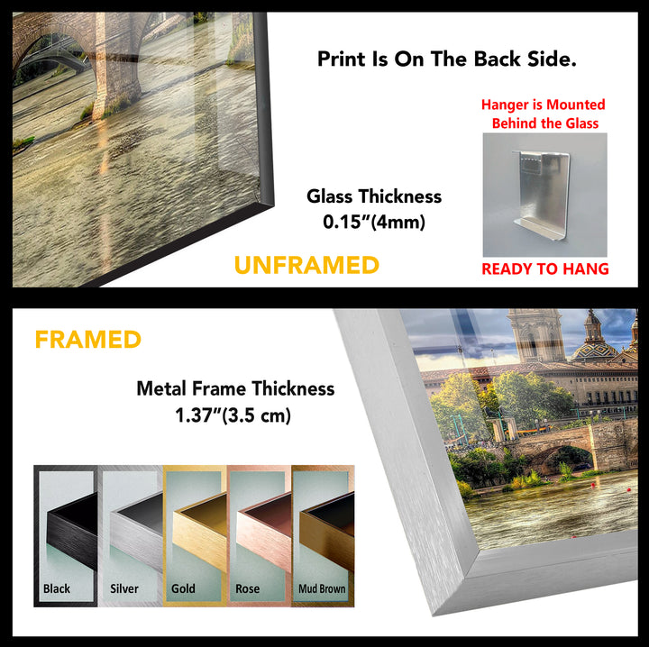 Glaswandkunst mit Skyline von Zaragoza – Basilica del Pilar und Steinbrücke