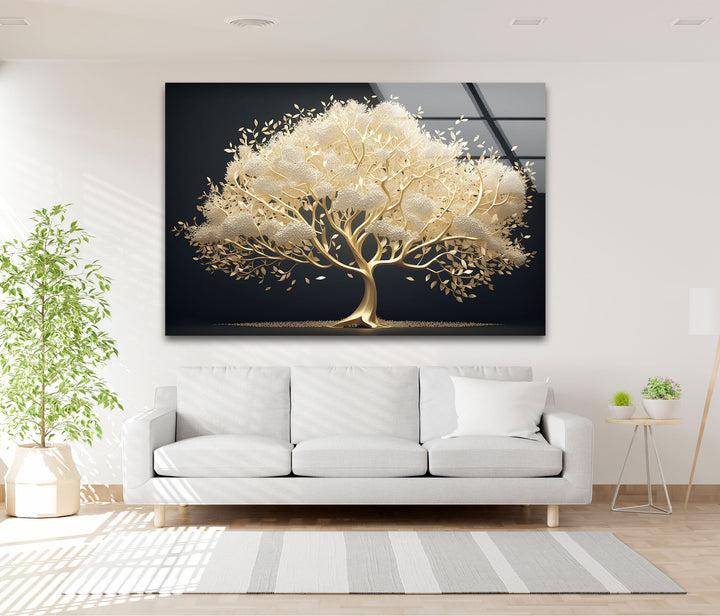 The glossy finish of this unique modern wall decor glass wall art, depicting a golden serenity tree, reflects light beautifully.