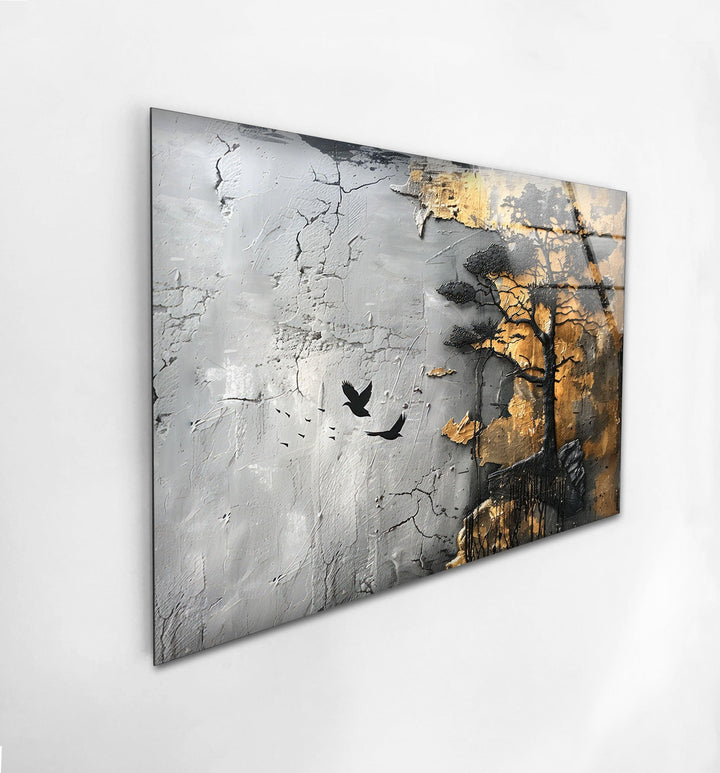 Schwarzer Baum, goldene abstrakte Glaswandkunst