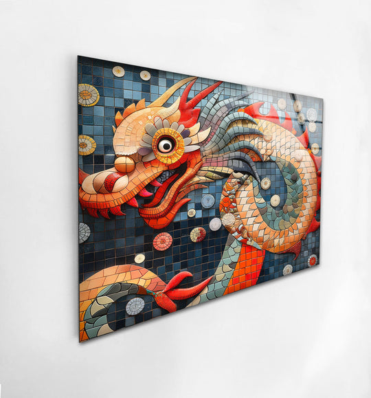 A layered mosaic of a Chinese dragon comes to life on a dark blue grid background, showcasing intricate depth in these glass wall prints.