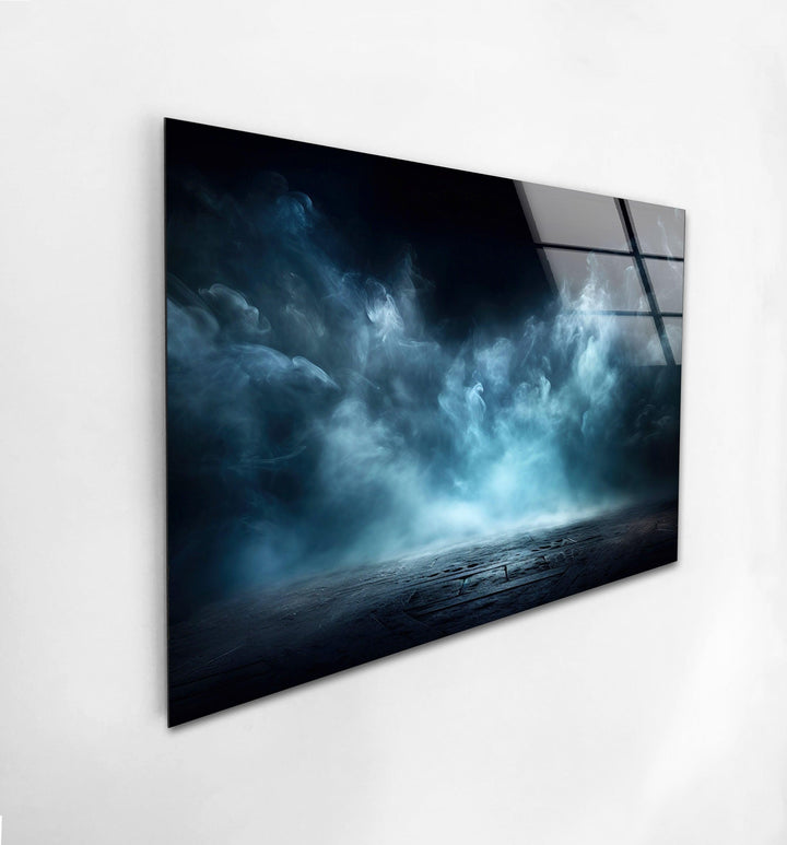 Mysterious misty horizon with deep blues and smoky textures, a perfect modern decor piece.
