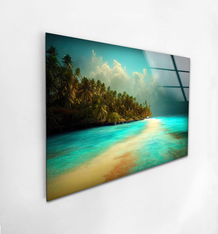 Breathtaking tropical beach sunset with crystal-clear ocean reflections.
