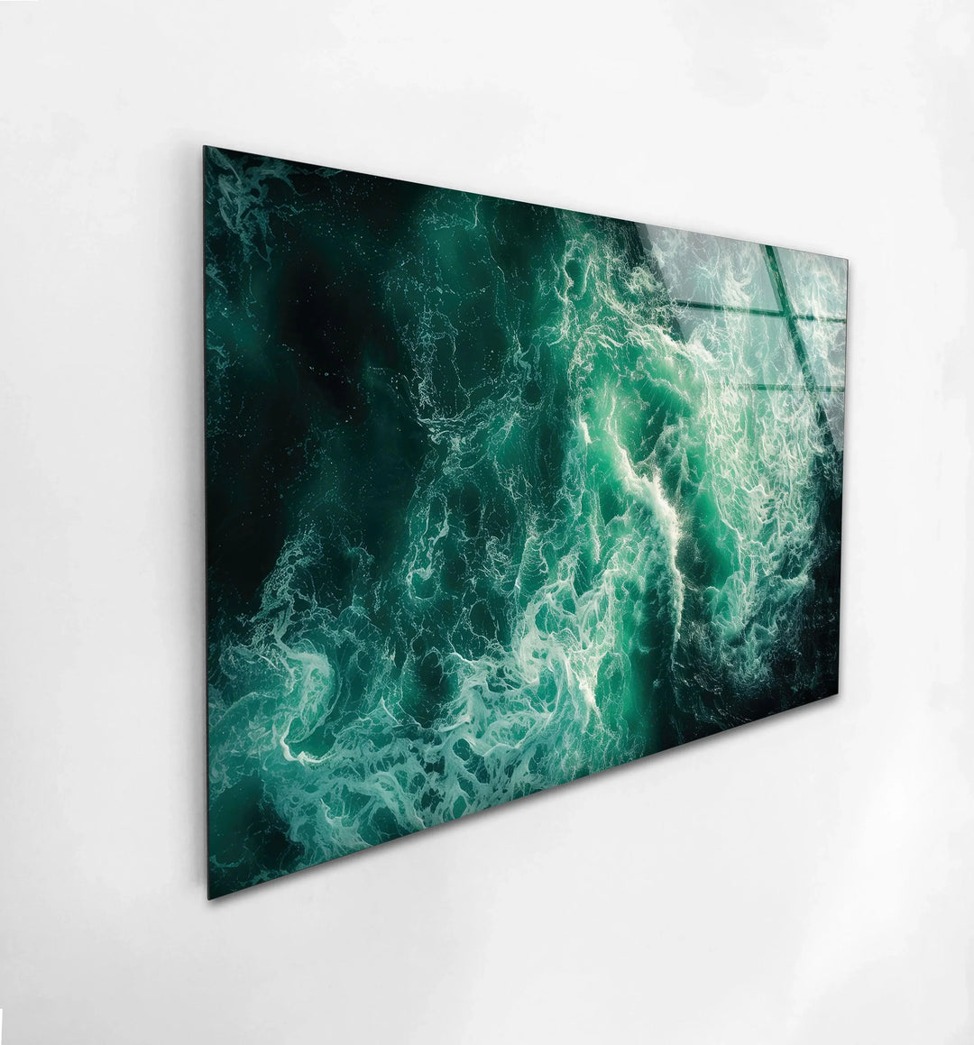 Ocean-inspired wall art with abstract swirling waves in deep blue tones.
