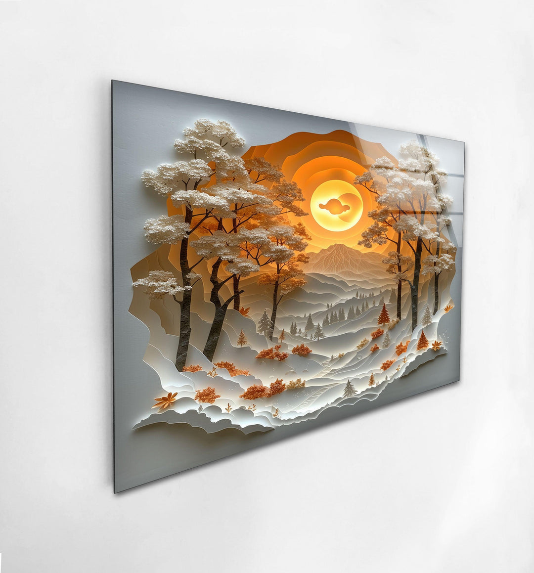 8K glass wall art of a stylized forest bathed in golden light.

