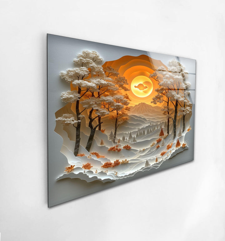 8K glass wall art of a stylized forest bathed in golden light.
