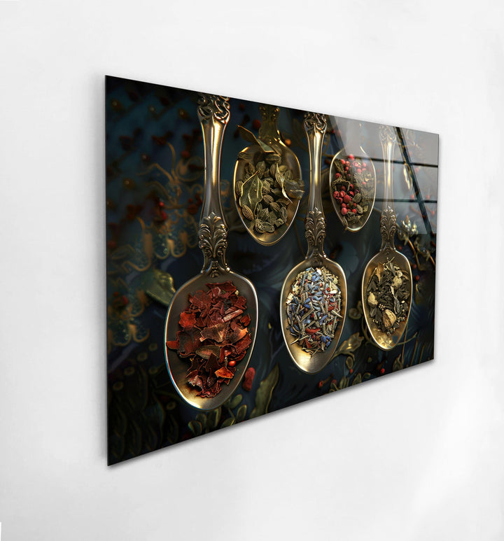 Spices On Rustic Spoon Glass Wall Art, glass photo prints, glass picture prints
