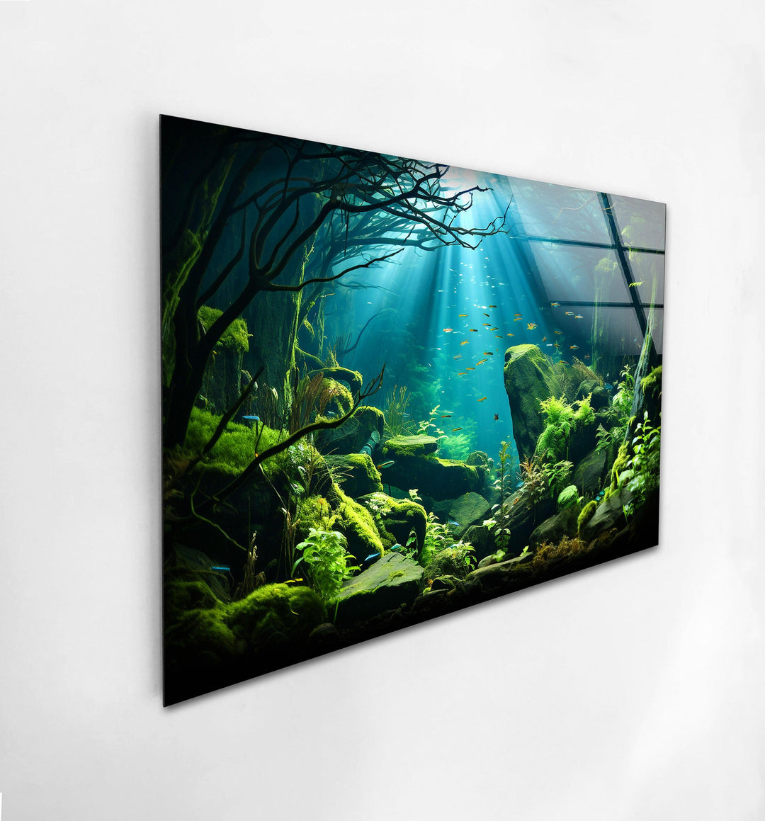 Gorgeous underwater forest scene with lush plants and glowing water reflections.
