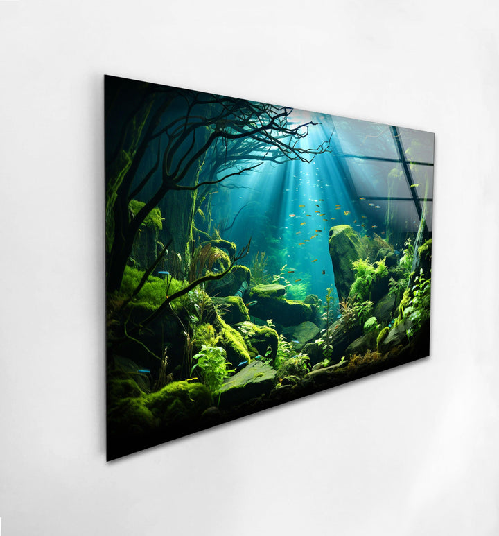 Gorgeous underwater forest scene with lush plants and glowing water reflections.
