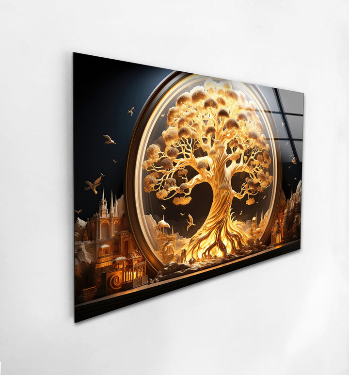 Illuminated fantasy tree design with a glowing golden hue on glass wall art.
