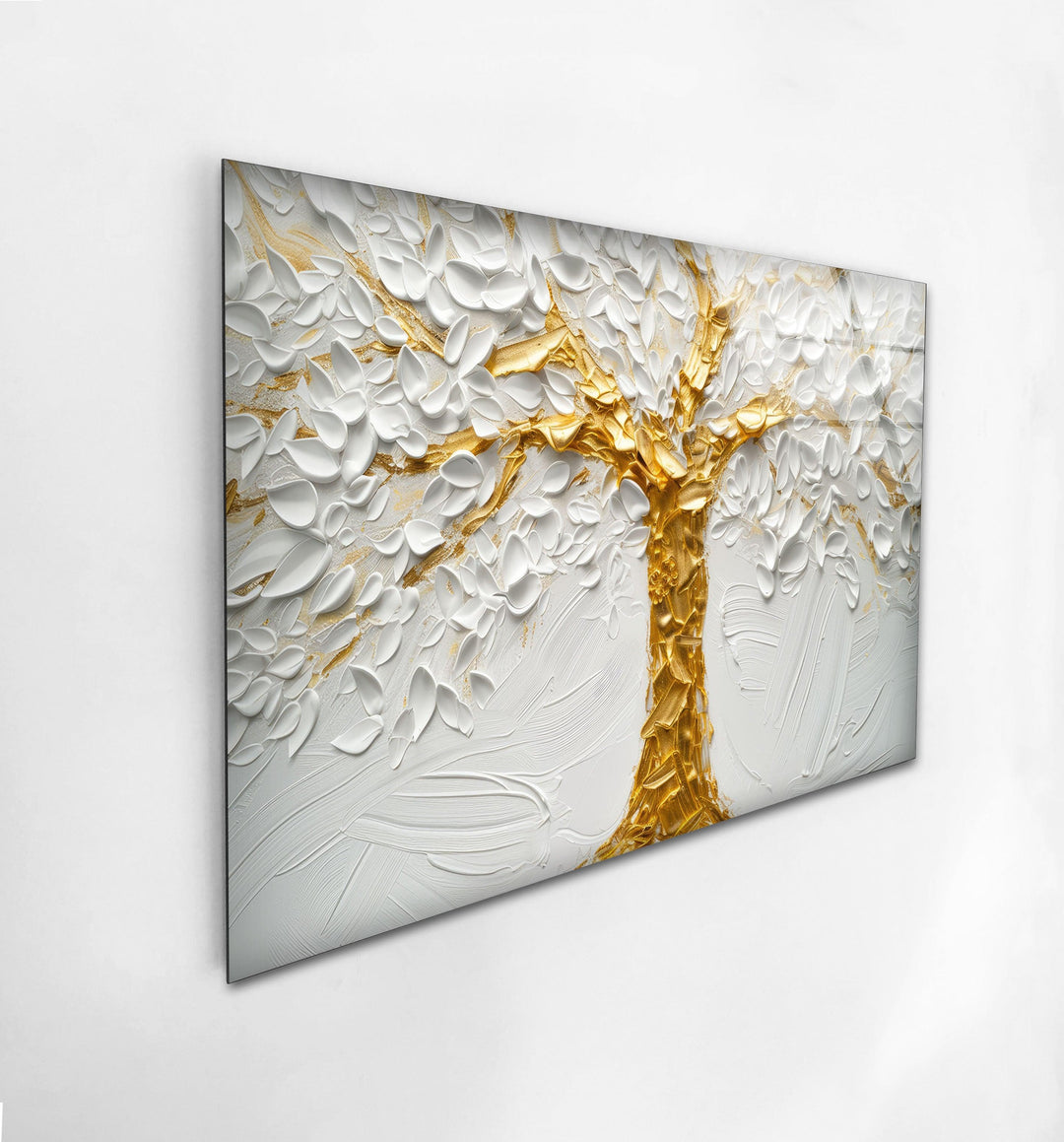 Golden Tree With White Flower Glass Wall Art, custom glass pictures, glass art prints
