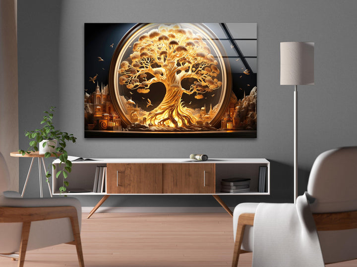 Whimsical golden tree scene on glass art, adding elegance to any space.
