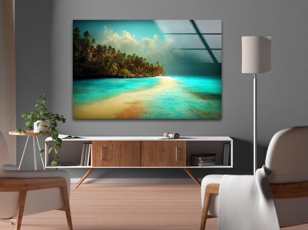 Relaxing nature-inspired glass artwork featuring a dreamy beach scene.

