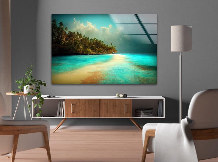 Relaxing nature-inspired glass artwork featuring a dreamy beach scene.
