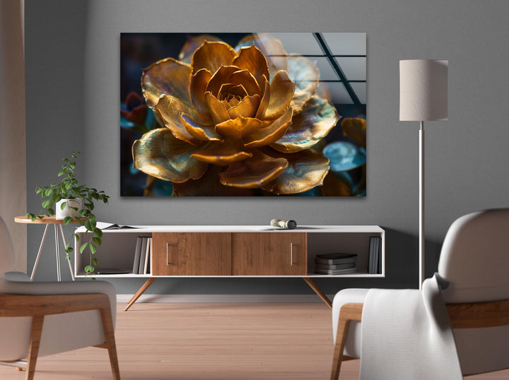 Golden Flower Glass Wall Art, glass image printing, glass prints from photos
