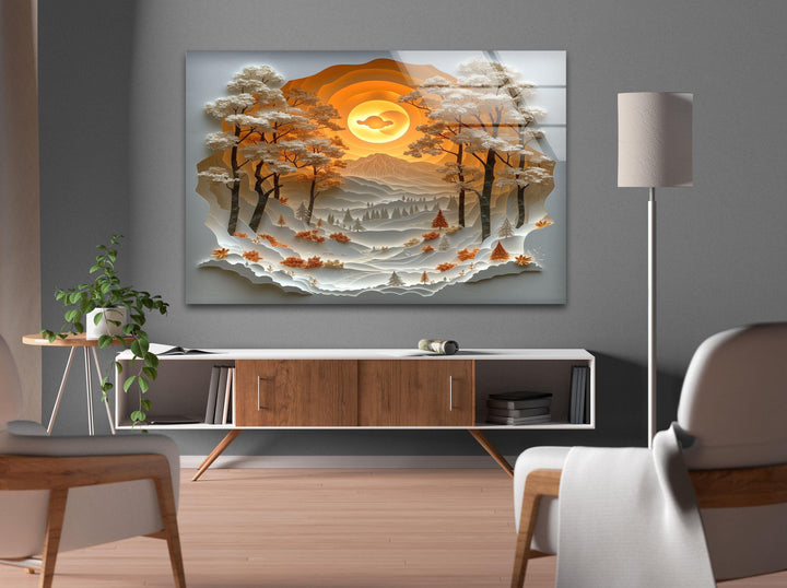 Elegant forest wall art featuring a dimensional paper-cut style landscape.
