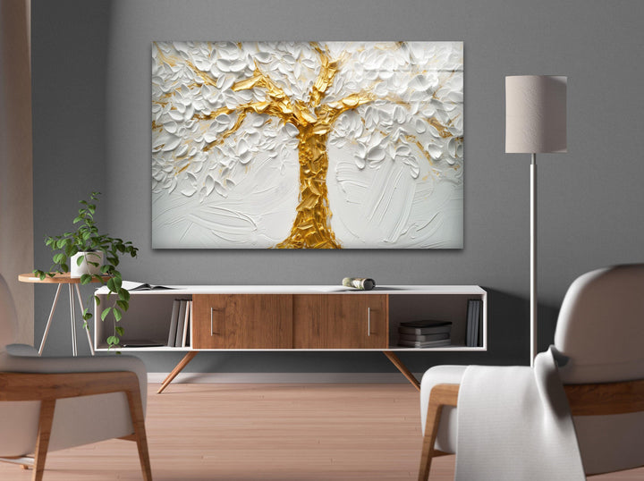 Golden Tree With White Flower Glass Wall Art, glass pictures for Wall, glass prints wall art
