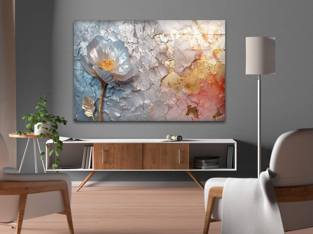 Silver Flower Abstract Glass Wall Art, glass pictures for Wall, glass prints wall art