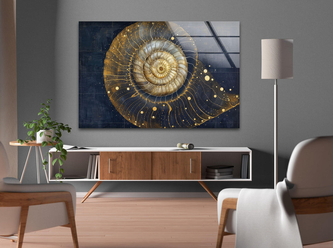 Goldglänzendes Schneckenhaus-Wandbild aus Glas