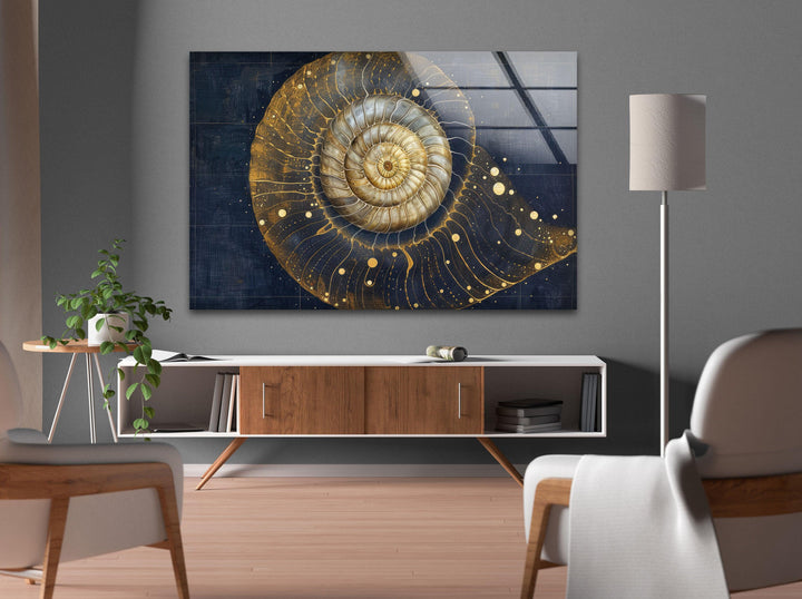 Goldglänzendes Schneckenhaus-Wandbild aus Glas