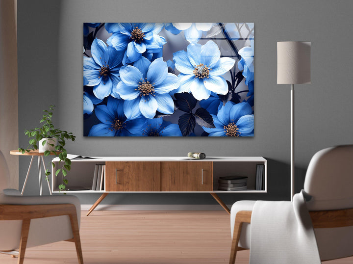 Botanical Blue Flower Glass Wall Art, glass pictures for Wall, glass prints wall art