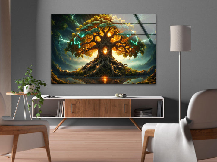 Glowing Yggdrasil Tree Glass Wall Art, custom glass pictures, glass art prints