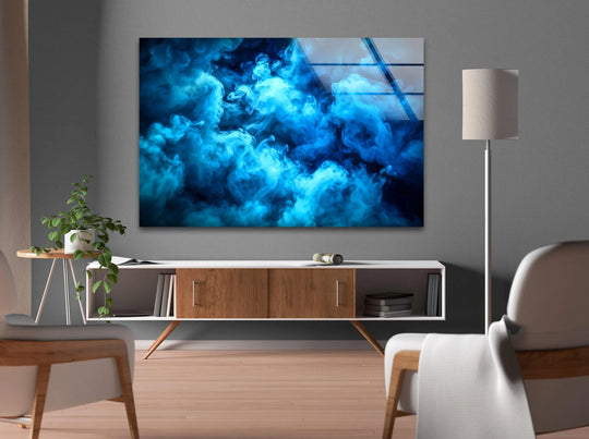 Serene blue smoke swirls, creating a tranquil scene of abstract glass art.