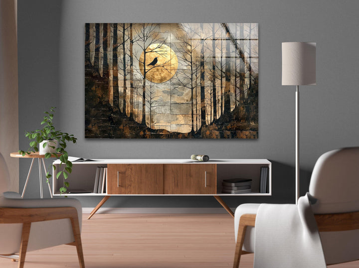 Dark tree silhouettes and a glowing moon create an eerie yet beautiful forest scene.
