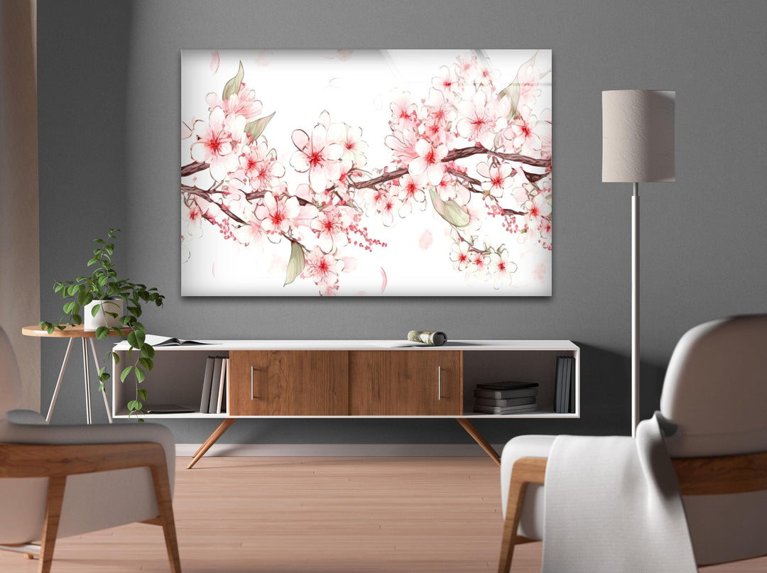 Watercolor Cherry Blossoms Glass Wall Art, glass photo prints, glass picture prints
