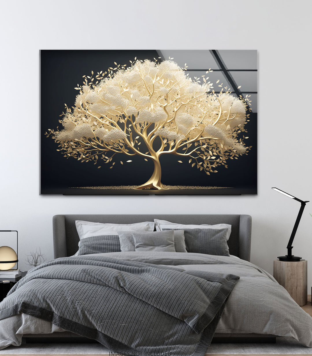 The vast dark negative space frames the glowing golden serenity tree, creating a striking piece of elegant nature hanging wall art.