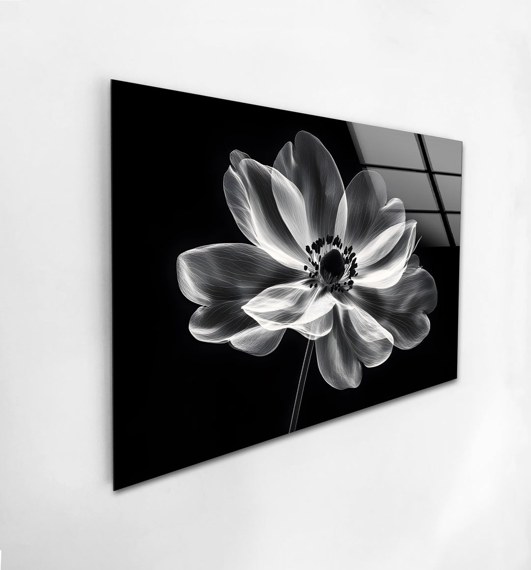 Stunning monochrome flower art on glass, bringing sophistication to any space.
