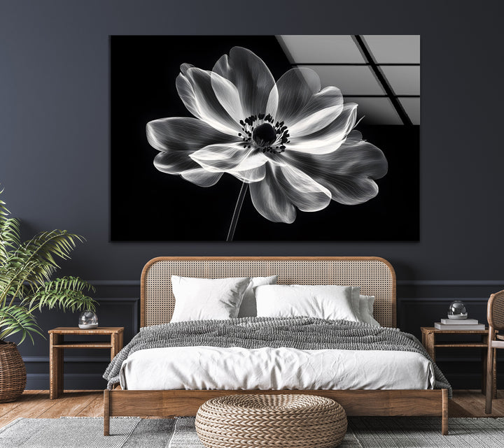 Striking black-and-white floral glass wall art, creating an elegant focal point for your home.
