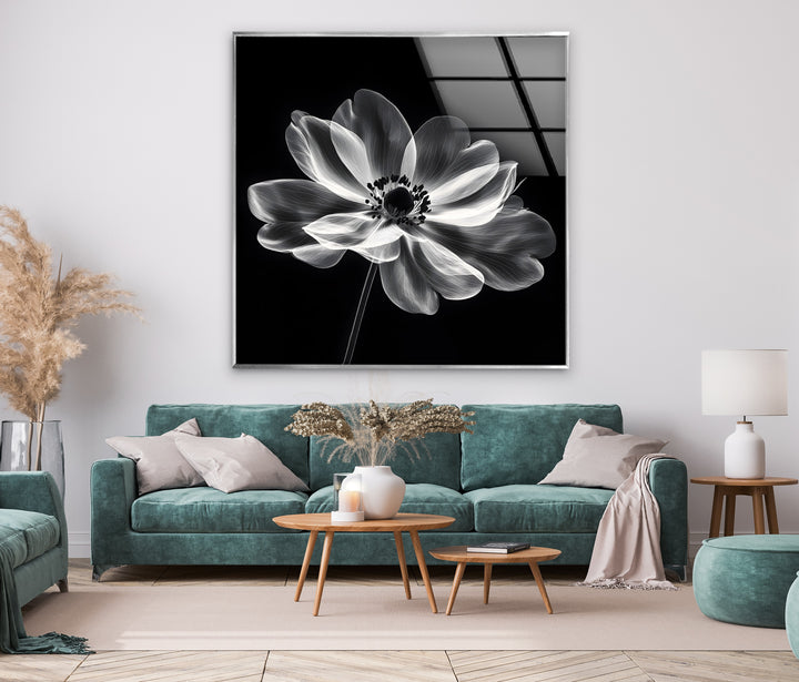Sophisticated black-and-white floral glass wall art that adds beauty and elegance to any space.
