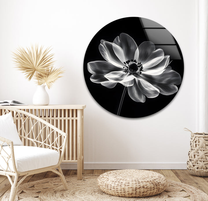 Stunning flower artwork in black and white, printed on tempered glass for a modern, sleek look.
