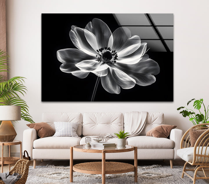 Beautiful black-and-white floral wall art on glass, a timeless addition to your home.
