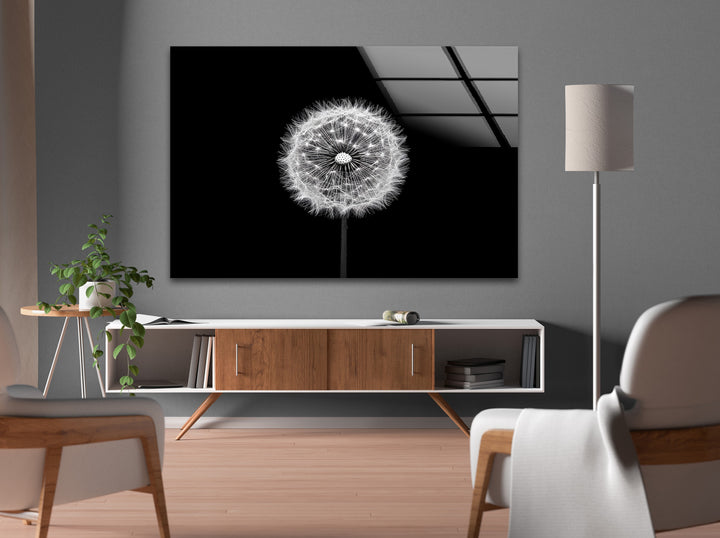 Minimalist and elegant black and white glass wall art featuring a single dandelion with intricate textures.