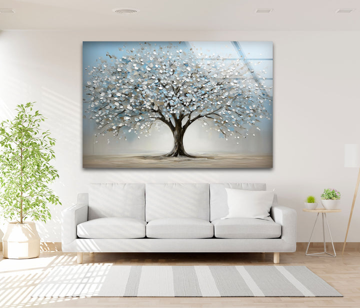 Blossoming Serenity Tree – Textured Modern Nature Glass Wall Art